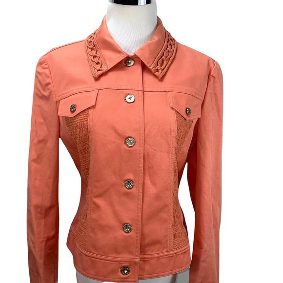 St. John Applique Collar Knit Panel Cotton Light Jacket Jean Sweater Insert - Picture 2 of 10